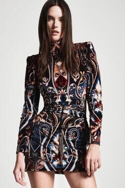 Dundas Black Gold Velvet Lace Paisley Belted Mini Dress XS 36